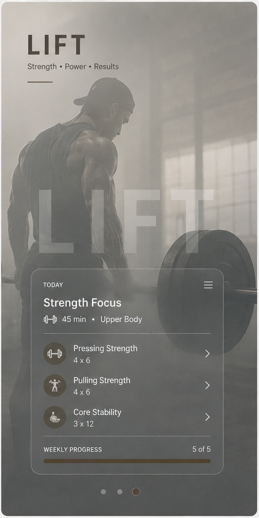 LIFT app concept showing structured strength and lifting workouts